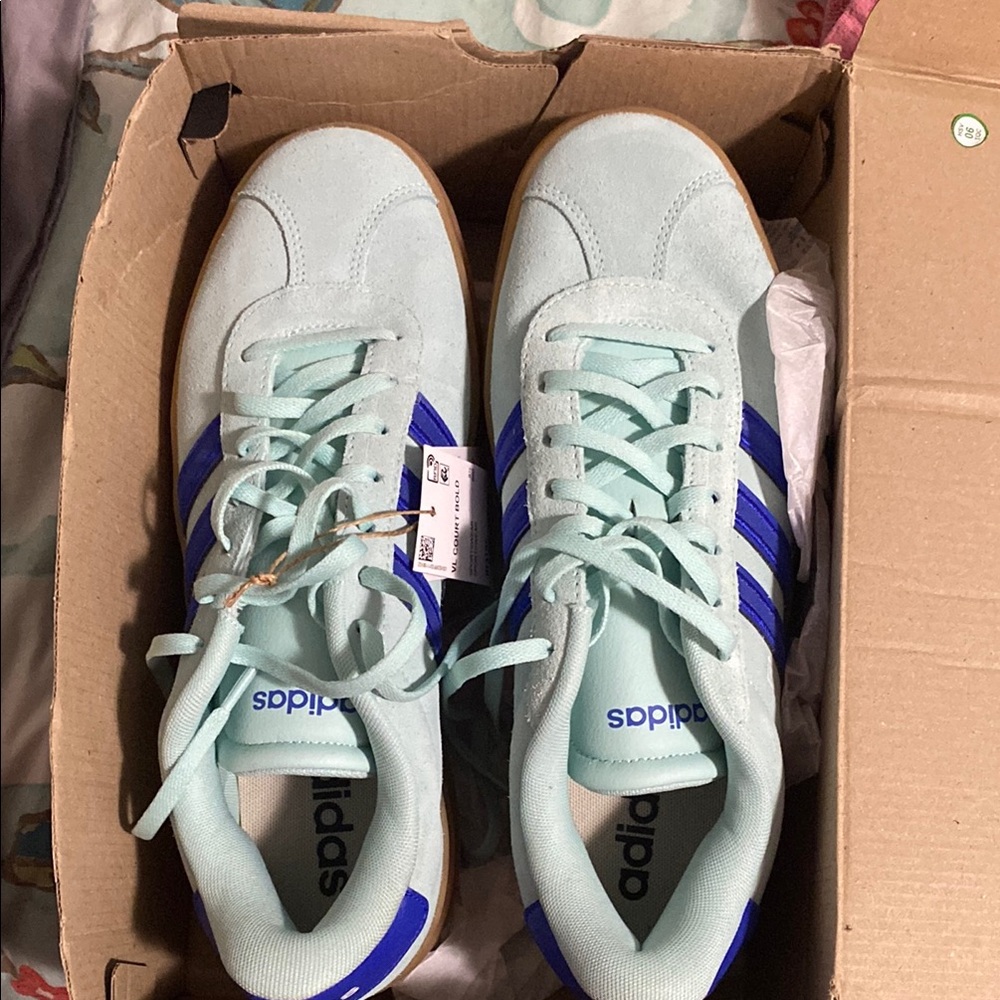 Adidas Light Green Sneakers with Blue Stripes